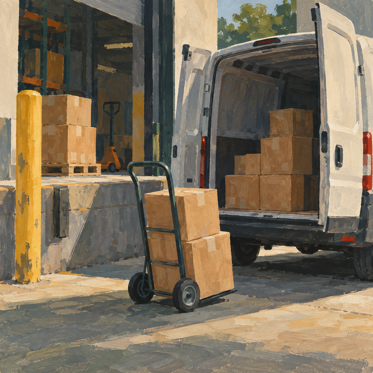 Illustration of local logistics depot: a loading bay, a parked unbranded delivery van, a hand trolley